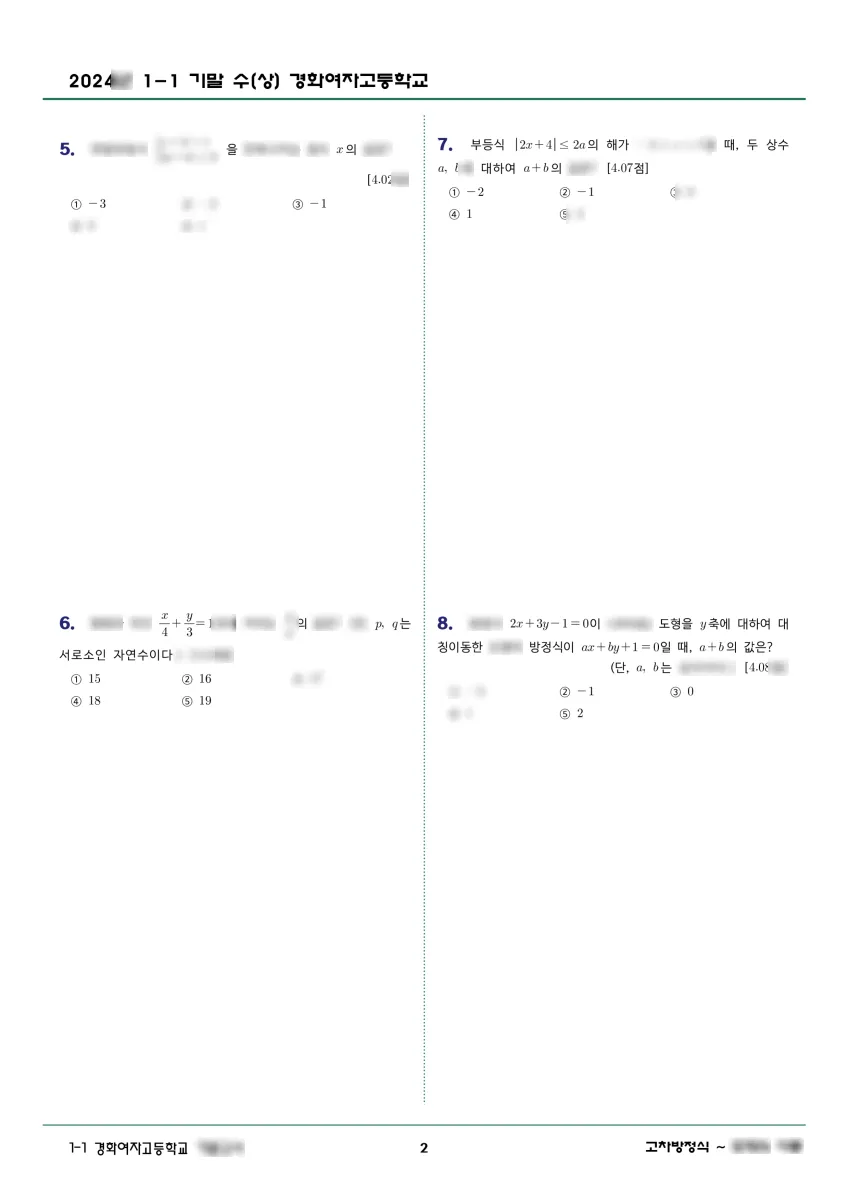 경화여자고등학교 (경기 광주시) 고등1 2024 1학기 기말 2페이지