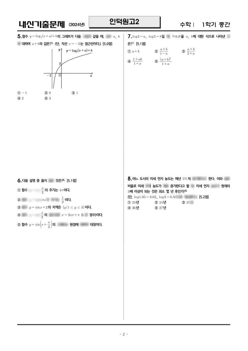 인덕원고등학교 (경기 안양시) 고등2 2024 1학기 중간 2페이지